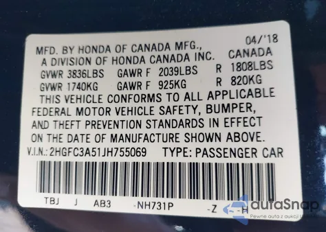 2018 Honda Civic Si из США, поврежденный, VIN 2HGFC3A51JH755069